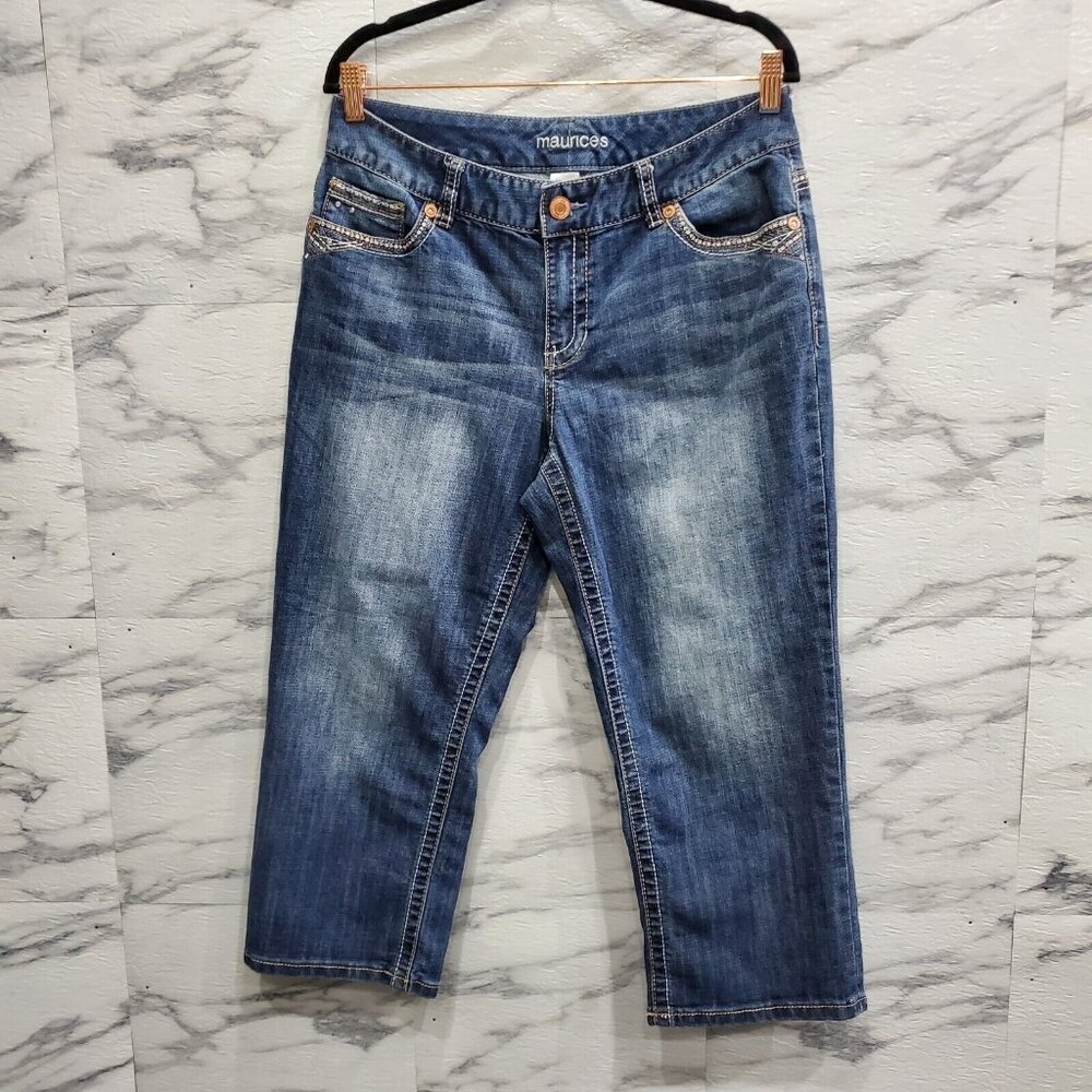 Maurices Capri Jeans Women Size 12 Blue Stretch Comfort Embroidered Rhinestones - Picture 2 of 11